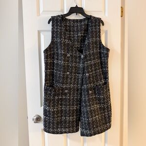 Joe Fresh Black & White Plaid Knit Vest Cardigan Double Breasted, Pockets